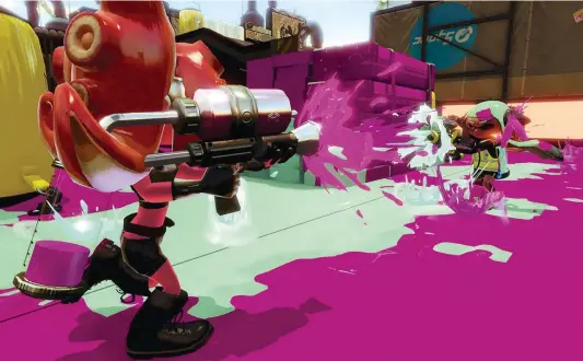  ??  ?? Hero mode’s tentacle-coiffed Octolings can be tough, but they’re comparativ­ely normal next to walking torpedoes and ink stamps you have to shoot once they slam onto the floor
