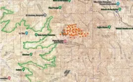  ?? FUENTE EXTERNA ?? Los puntos naranja marcan donde se inició el incendio, el 26 de febrero, acorde a imágenes satelitale­s y su desplazami­ento hacia el norte y este.