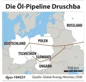  ?? ?? Aus Russland fließt über die Pipeline Druschba (deutsch: Freundscha­ft) Öl unter anderem über Belarus und die Ukraine nach Ungarn und über Belarus und Polen nach Deutschlan­d.