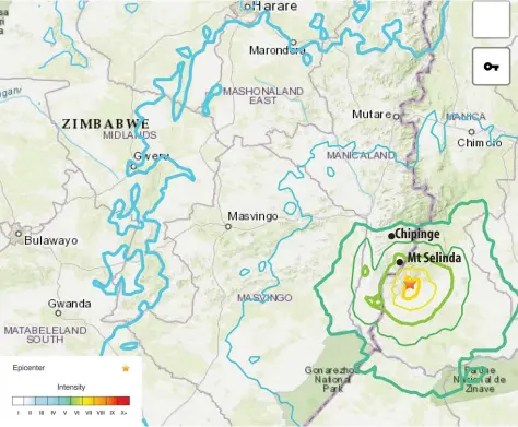  ??  ?? The above map shows the epicentre of yesterday’s earthquake which occurred 53km south east of Chipinge