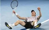  ?? ALESSANDRA TARANTINO / ASSOCIATED PRESS ?? Jannik Sinner of Italy celebrates after defeating Daniil Medvedev of Russia during the men’s singles final at the Australian Open in Melbourne, Australia on Suday.