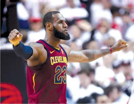  ?? ASSOCIATED PRESS ?? Cleveland Cavaliers forward LeBron James celebrates after the Cavaliers defeated the Toronto Raptors in Game 1 of an NBA basketball playoffs Eastern Conference semifinal in Toronto.