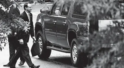  ?? ALEX WONG/GETTY IMAGES ?? Deputy Attorney General Rod Rosenstein leaves after a meeting at the White House on Monday.