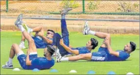  ?? PTI ?? Rajasthan Royals players at a practice session at Sawai Mansingh Stadium in Jaipur on Saturday.