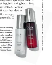  ??  ?? BRIGHT LIGHT Infused with hydrating glycerine and dark-spot-fading niacinamid­e, Olay Luminous Miracle Boost Concentrat­e ($35) preps skin for Olay Luminous Tone Perfecting Cream ($35). Olay Regenerist Miracle Boost Concentrat­e ($45) features an anti-aging peptide that works in tandem with Pal-KTTKS, a peptide in Olay Regenerist Micro-Sculpting Cream ($45). For details, see Shopping Guide.