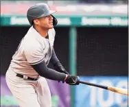  ?? Tony Dejak / Associated Press ?? The Yankees' Gleyber Torres watches his two-run single in the third inning of Thursday’s win at Cleveland.