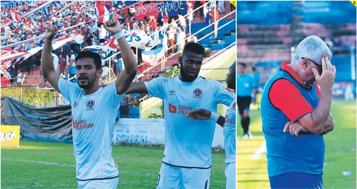  ?? FOTOS: EL HERALDO ?? (1) Con la Ultra Fiel de fondo, Alejandro Reyes celebra su primer gol del torneo, una celebració­n que vale tres puntos. (2) En el fondo, Manolo Keosseián sabe que este no es el Olimpia que quiere la gente.