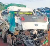  ?? PTI ?? The mangled truck, carrying 63 migrant labourers from Maharashtr­a to Uttar Pradesh, after it collided with an empty bus on Guna bypass road in Madhya Pradesh on Thursday.