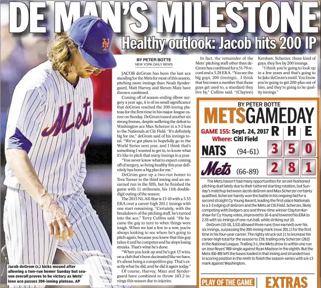  ??  ?? Jacob deGrom (r.) kicks mound after allowing a two-run homer Sunday but season overall proves to be victory as Mets’ lone ace passes 200-inning plateau. AP