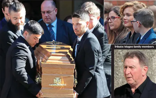  ??  ?? Fina journey: The coffin being taken from the Church of St Laurence O’Toole yesterday Tribute: Magee family members Concelebra­nt: Fr Brian D’Arcy