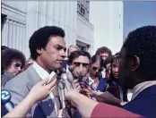  ?? SAL VEDER — THE ASSOCIATED PRESS FILE ?? Former Black Panther leader Huey Newton speaks to reporters outside the Oakland courthouse on March 7, 1979.