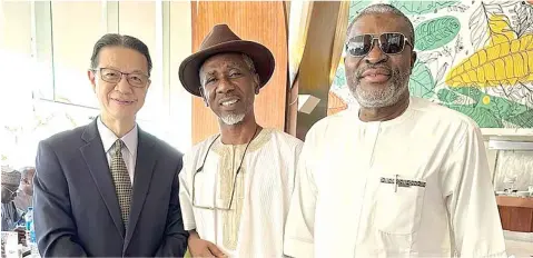  ?? ?? Head of Mission and Taiwanese Representa­tive in Nigeria, Andy Yih- Ping Liu ( left); member, representi­ng Oshodi- Isolo II Federal Constituen­cy, Lagos, Hon. Okey- Joe Onuakalusi and Nollywood Star, Kanayo. O. Kanayo during the meeting.