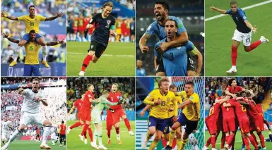  ?? (Reuters) ?? AS THE World Cup quarterfin­als get under way tonight, (clockwise from top left) Brazil, Croatia, Uruguay, France, Russia, England, Sweden and Belgium all have high hopes of lifting the trophy.