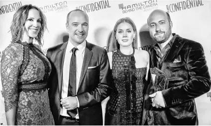  ??  ?? Celebratin­g the year’s best films at Los Angeles Confidenti­al’s biannual Hamilton Behind the Camera Awards with (clockwise from above left) Moonlight director Berry Jenkins; Hamilton CEO Sylvain Dolla, Arrival lead Amy Adams with the film’s production...