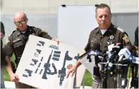  ?? The Associated Press ?? Vanderburg­h County Sheriff Dave Wedding shows a photograph of the weapons that were found in the possession of fugitives Casey White and Vicky White following their capture during a press conference in Evansville, Ind., on Tuesday.