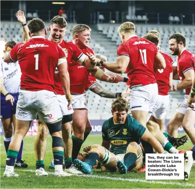  ??  ?? Yes, they can be beaten: The Lions celebrate Luke Cowan-Dickie’s breakthrou­gh try