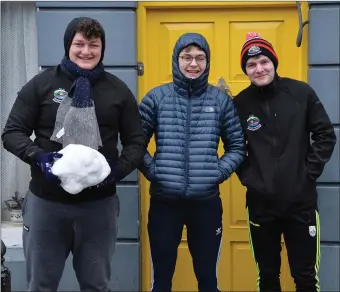  ?? Photo by Declan Malone ?? Armed and dangerous... Daragh Fitzgerald, Luke O’Connell and Sean Boland were ready to defend themselves against sneak snowball attackers in Dingle on Friday.