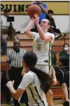  ?? CHRIS RILEY — TIMES-HERALD ?? St. Patrick-St. Vincent's Marissa Elizalde shoots for two of her 23 points during the Bruins' 52-39loss to Salesian on Thursday in Vallejo.