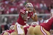  ??  ?? San Francisco 49ers quarterbac­k Trey Lance (5) calls signals against the Kansas City Chiefs during a preseason game in Santa Clara on Saturday, Aug. 14.