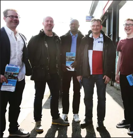  ??  ?? Conservati­ve out leafleting in Glasgow’s West End, left to right, Michael Kusznir, Tony Curtis, Ade Aibinu, Phillip Charles, Euan