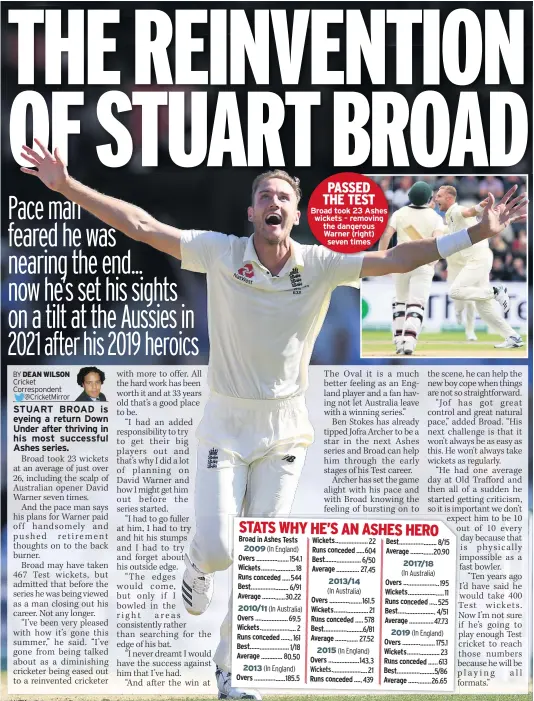  ??  ?? Broad took 23 Ashes wickets – removing the dangerous Warner (right) seven times 2013/14 2019