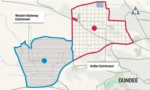  ?? ?? ZONES: A map detailing the proposed catchment areas for the Western Gateway and Ardler schools in Dundee.