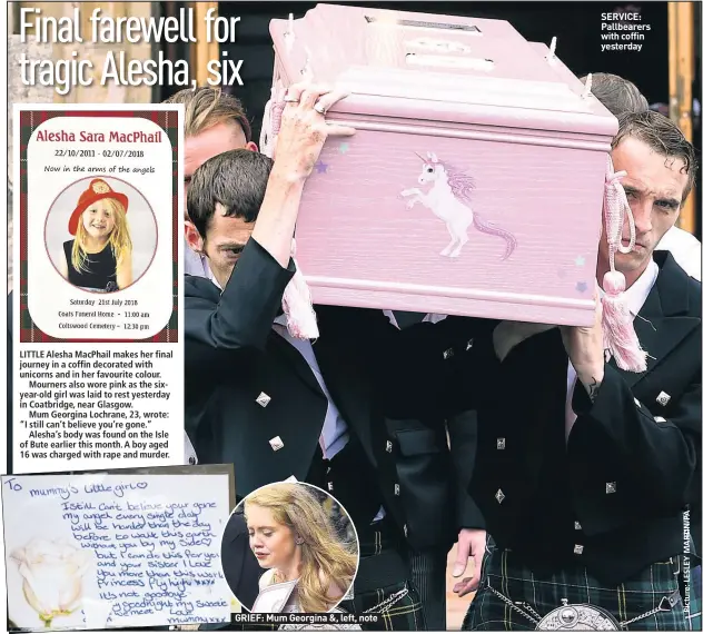  ??  ?? GRIEF: Mum Georgina &amp;, left, note SERVICE: Pallbearer­s with coffin yesterday