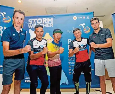  ?? PIC BY ASWADI ALIAS ?? (From left) Kinan Cycling Team’s Thomas Lebas, Terengganu Cycling Team’s Harrif Saleh, Malaysia’s Sofian Nabil Omar, Terengganu Cycling Team’s Artem Ovechkin and Miogee Cycling Team’s Jeroen Meijers pose at the media conference yesterday.