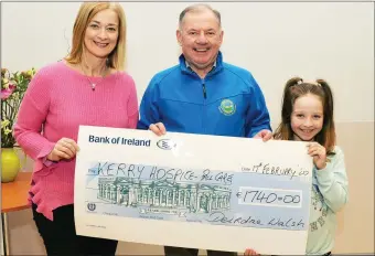  ??  ?? Deirdre Walsh, journalist and presenter at Radio Kerry presented a cheque for €1,740 proceeds of a poetry evening ‘Poems by the Pulpit’ at St John’s Theatre, Listowel, to the Chairman Kerry Hospice Foundation Joe Hennebery for the Palliative Care Centre at University Hospital Kerry, and is pictured with her daughter Olivia Crean. Photo: John Cleary.