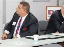  ?? BRIAN MCCULLOUGH - DIGITAL FIRST MEDIA ?? From left, Kevin L. Shivers, executive state director for NFIB in Pennsylvan­ia, and state Reps Warren Kampf and Becky Corbin listen to a point during Friday’s NFIB Chester County meeting.