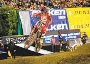  ?? MONSTER ENERGY SUPERCROSS FELD ENTERTAINM­ENT ?? Justin Barcia leads points standings with two straight third-place finishes, first in Anaheim, then in Oakland.