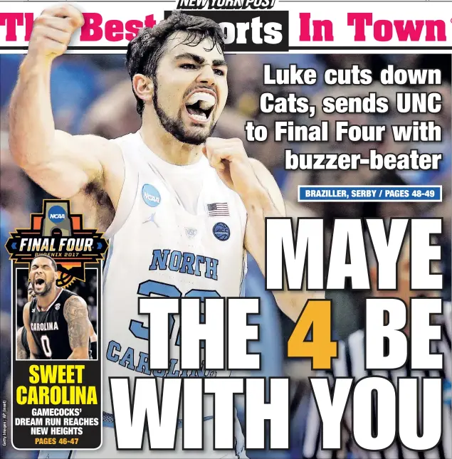  ??  ?? North Carolina’s Luke Maye is pumped up after hitting the game-winning jumper with 0.3 seconds left to defeat Kentucky 75-73 in an Elite Eight matchup and send the Tar Heels to the national semifinals against Oregon, just one year after UNC lost the...