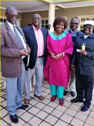  ?? (PIC ERNEST MOLOI) ?? Dr. Bucs Molatlhegi and Dr. Prince Dibeela (white cap) are said to be unhappy with the BNF leadership. They are seen here with South Africa’s High Commission­er to Botswana Thaninga Shope-Soumah, Govenius Toka and Mokgweetsi Kgosipula (extreme left) during the July 26 Cuban Revolution Day commemorat­ion at Phakalane
