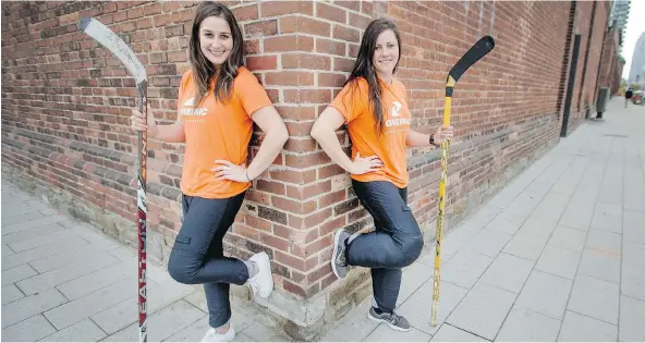  ?? PETER J THOMPSON / NATIONAL POST ?? Oneiric co-founders Kayla Nezon, left, and Emily Rudow sport their hockey pants for young players, which netted them a partner on Dragons’ Den.