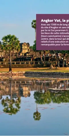  ??  ?? Angkor Vat est le plus célèbre et le plus grand des temples du site d’Angkor. Son nom signifie littéralem­ent « la ville qui est un temple ».