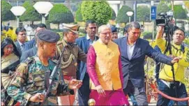  ?? ANI ?? Jharkhand governor CP Radhakrish­nan arrives for the special session of floor testing at the state assembly, in Ranchi on February 5.