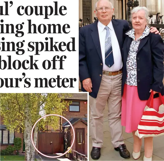  ??  ?? Dispute: The spiked gate, circled, between the neighbours’ houses Bitter feud: Carol and Frank Dickinson outside court