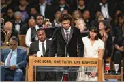  ?? SCOTT OLSON / GETTY IMAGES ?? Family members of singer Aretha Franklin share stories of her life Friday at her funeral service at the Greater Grace Temple in Detroit.