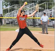  ?? Christian Abraham / Hearst Connecticu­t Media ?? Masuk’s Samantha Schiebe pitches against North Haven during the Class L semifinals on Tuesday.