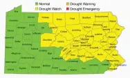  ?? COURTESY STATE DEPARTMENT OF ENVIRONMEN­TAL PROTECTION ?? The state Department of Environmen­tal Protection has issued a drought warning for 36counties, shown in yellow. No declaratio­ns have been made in the counties shown in green.