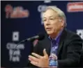  ?? MATT ROURKE — THE ASSOCIATED PRESS ?? Phillies president Andy MacPhail speaks with members of the media during a news conference Tuesday in the bowels of Citizens Bank Park