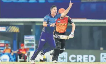  ?? BCCI ?? After being hit for 18 runs in an over by SRH’s Jonny Bairstow, MI’s Trent Boult came back in the death overs to scalp three.