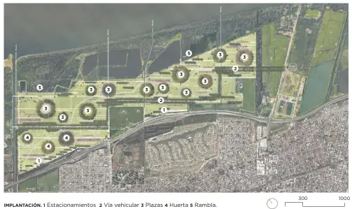  ??  ?? IMPLANTACI­ÓN. 1 Estacionam­ientos 2 Vía vehicular 3 Plazas 4 Huerta 5 Rambla.