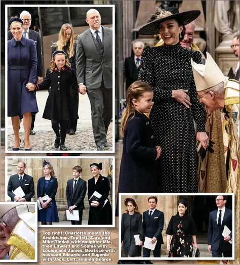  ?? ?? Top right, Charlotte meets the Archbishop. Top left, Zara and Mike Tindall with daughter Mia, then Edward and Sophie with Louise and James, Beatrice with husband Edoardo and Eugenie with Jack. Left, smiling George