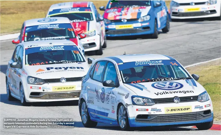  ?? Picture: Dave Ledbitter ?? SURPRISE. Jonathan Mogotsi leads a furious, tight pack of seriously talented contenders during last Saturday’s second Engen VW Cup race at Aldo Scribante.