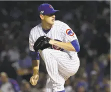  ?? Jonathan Daniel / Getty Images ?? Kyle Hendricks will start Game 6 for the Cubs at Wrigley Field against Dodgers ace Clayton Kershaw.