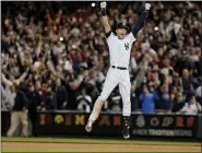  ?? JULIE JACOBSON – THE ASSOCIATED PRESS ?? The Yankees’ Derek Jeter celebrates after hitting a gamewinnin­g single during a 2014game against the Orioles in New York.