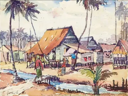  ??  ?? Lim’s Balek Kampung (watercolou­r and ink on paper, 1946). Step into the past and see the beauty of the evolving Singapore landscape between the 1930s and 1970s at Lim’s Painting Singapore exhibition. — Photos: National Gallery Singapore