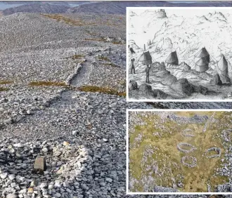  ?? Photograph­s: Iain Thornber ?? Top left: Col Thomas Colby by William Brockedon, 1837; main, the trig point and track leading to Colby’s camp on Beinn na Oir, Jura; top right, Creach Bheinn camp from a sketch by Joseph Lowry 1851; and below Colby’s camp on Creach Bheinn, Ardgour.