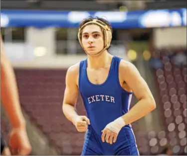  ?? NATE HECKENBERG­ER - FOR DIGITAL FIRST MEDIA ?? Exeter’s Austin DeSanto is finishing his high school wrestling career with a flourish. He’s undefeated and won another District 3sectional championsh­ips last weekend.